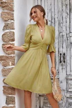 CUPSHE Cable Beach V-neck Bubble Sleeve Smocking A-Shape Dress