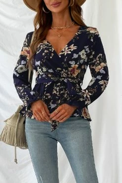 CUPSHE Kelsi Belted Floral Print Flounce Mock Wrap Top Clothing