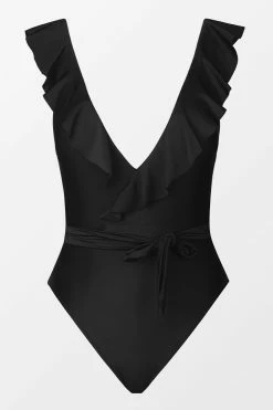CUPSHE One Pieces Paluma Black Ruffled Plunge One Piece Swimsuit