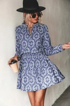 CUPSHE Vacation Choice Ornate Print Split Neck Mini Dress