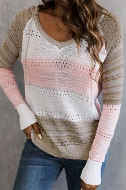 CUPSHE Sweet Tea Striped Open-Knit Long Sleeve Hooded Pullover