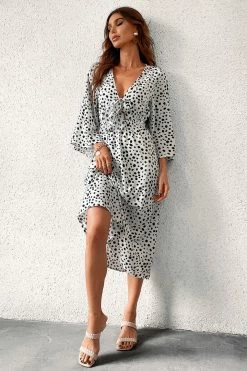 CUPSHE Cam Flared Sleeve Bow Tie Dots Dress Clothing