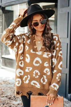 CUPSHE Liana Leopard Print Frayed Sharkbite Sweater Clothing