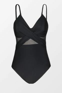CUPSHE Forest Adventure Solid Mesh Wrap Front Cutout Black One Piece Swimsuit One Pieces