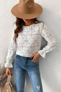 CUPSHE Happy Weekend Embroidered Floral Eyelet Long Sleeve Blouse Clothing