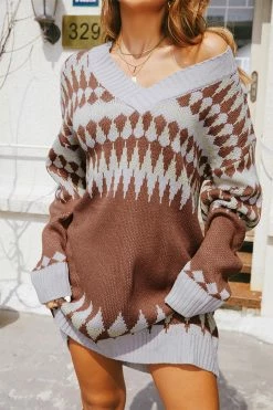 CUPSHE Clothing Kitty Kat Argyle Sweater Dress