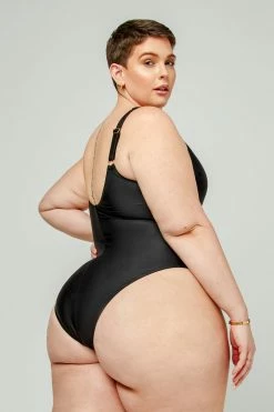 CUPSHE Omniscient Solid Mesh Panel Tummy Control Black Plus Size One Piece One Pieces