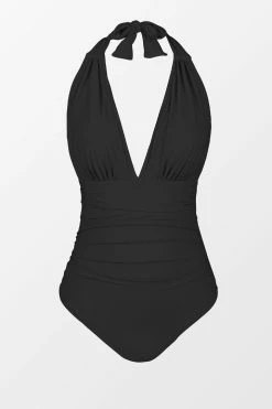 CUPSHE One Pieces Summer Seaside Ruched Halter Tummy Control Black One Piece Swimsuit