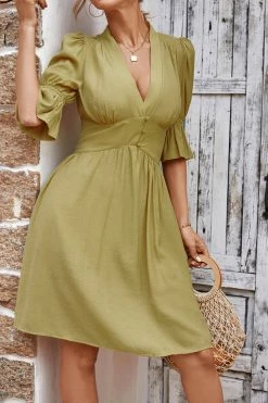 CUPSHE Cable Beach V-neck Bubble Sleeve Smocking A-Shape Dress