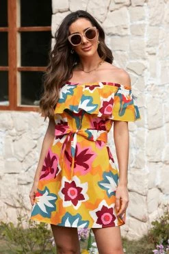 CUPSHE Marlene Floral Ruffle Off Shoulder Dress Clothing
