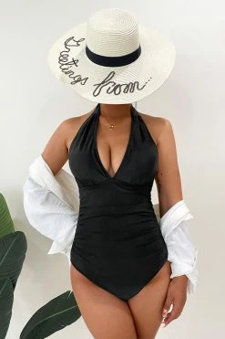 CUPSHE Plunge Halter Tie Back Shirred One Piece Swimsuit