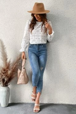 CUPSHE Happy Weekend Embroidered Floral Eyelet Long Sleeve Blouse Clothing