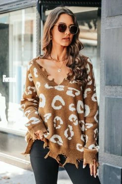 CUPSHE Liana Leopard Print Frayed Sharkbite Sweater Clothing