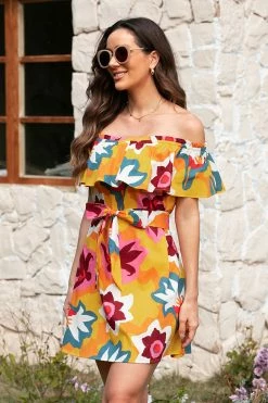CUPSHE Marlene Floral Ruffle Off Shoulder Dress Clothing