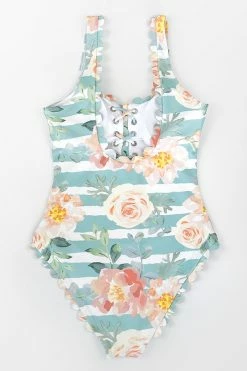 CUPSHE Floral And Striped Scalloped One Piece Swimsuit