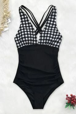 CUPSHE Black And White Gingham Ruched Tummy Control One Piece Swimsuit One Pieces