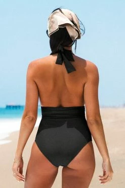 CUPSHE Plunge Halter Tie Back Shirred One Piece Swimsuit