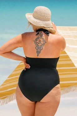 CUPSHE One Pieces Seaside Holiday Twist Front Tummy Control Black Plus Size One Piece