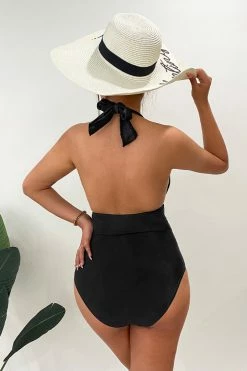 CUPSHE Plunge Halter Tie Back Shirred One Piece Swimsuit