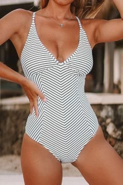 CUPSHE Black And White Stripe V-neck One Piece Swimsuit One Pieces