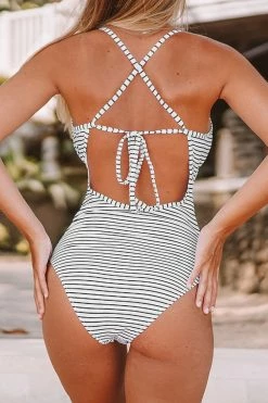 CUPSHE Black And White Stripe V-neck One Piece Swimsuit One Pieces