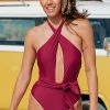CUPSHE One Pieces Precious Burgundy Front Cross Halter One Piece Swimsuit