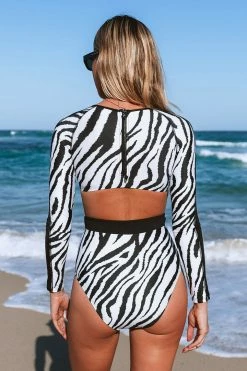 CUPSHE Cheyanne Zebra Cut Out Long Sleeve One Piece Swimsuit One Pieces
