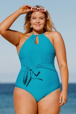 CUPSHE Spring Macaron Solid High Neck Tummy Control Plus Size One Piece