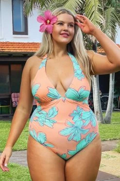 CUPSHE Blooming Flowers Shirred Plunge Tummy Control Plus Size One Piece One Pieces