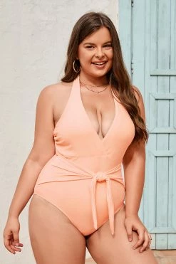 CUPSHE Nature Trip Sash Halter Tummy Control Plus Size One Piece One Pieces