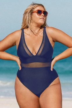 CUPSHE Summer Dreaming Plunge Mesh Plus Size One Piece Swimsuit One Pieces