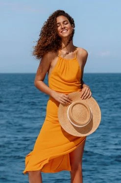 CUPSHE Haleigh Orange Backless Split Tea Length Dress