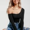 CUPSHE Keeley Black One Shoulder Long Sleeve Bodysuit Clothing